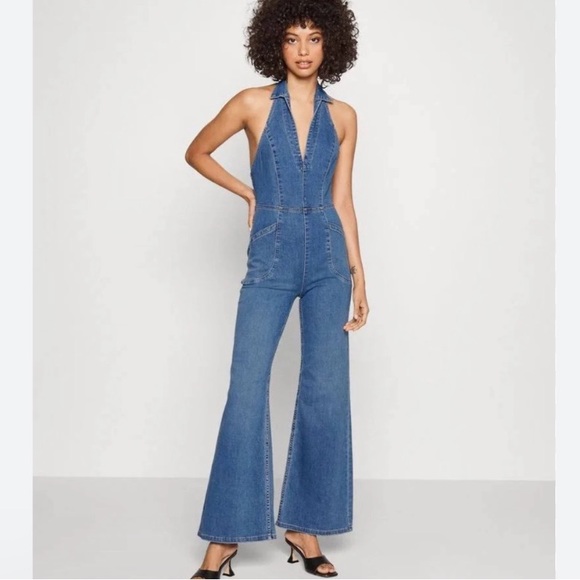 Free People XL Sweet Thing Denim Halter Jumpsuit Heartland Blue - Picture 1 of 15